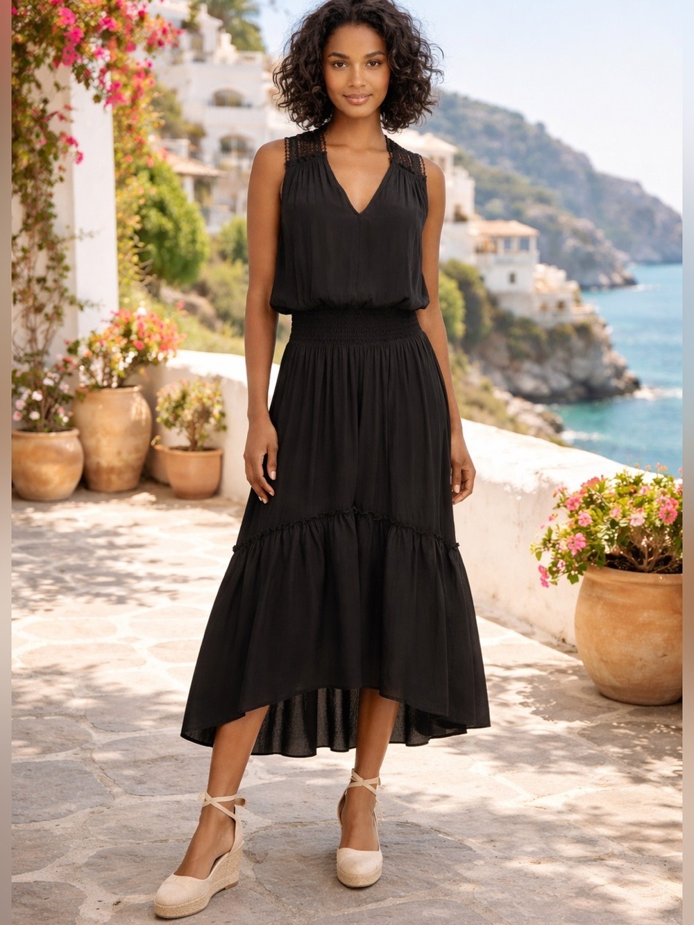 NWT Ramy Brook Samantha Black Sleeveless Smocked Waist Tiered Maxi Dress Sz S